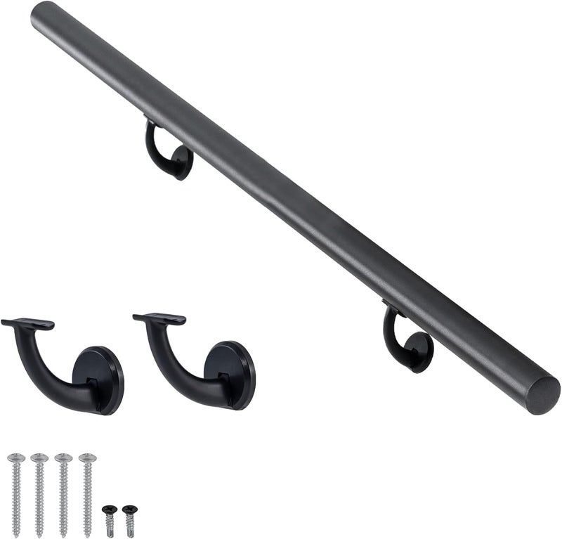 Picesa 2 FT Modern Aluminum Handrail Set, handrails for Indoor Stairs,Deck,Slope, Wall Mounted Staircase handrails, Zink Alloy Brackets Included,Rust Free. (Matte Black, 2 FT) - Image 1